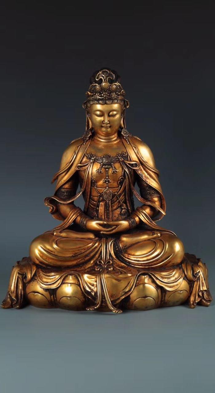 明 精铸铜胎鎏金龙树 观世音 地藏王菩萨三尊