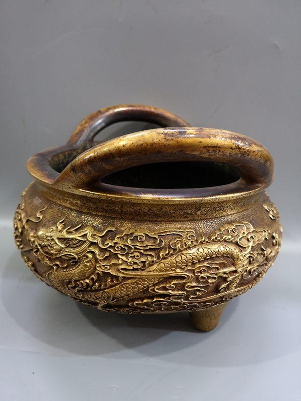 宣德铜鎏金龙纹双耳香炉