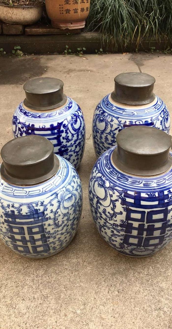 晚清民国青花喜字药罐4个