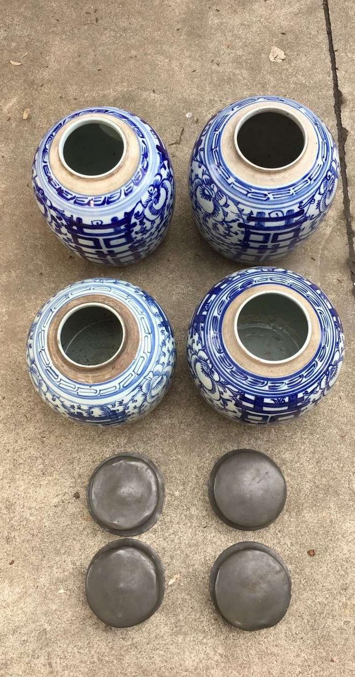 晚清民国青花喜字药罐4个