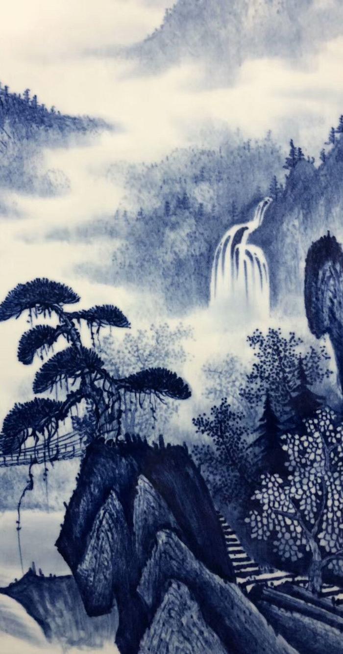 王步青花山水瓷板