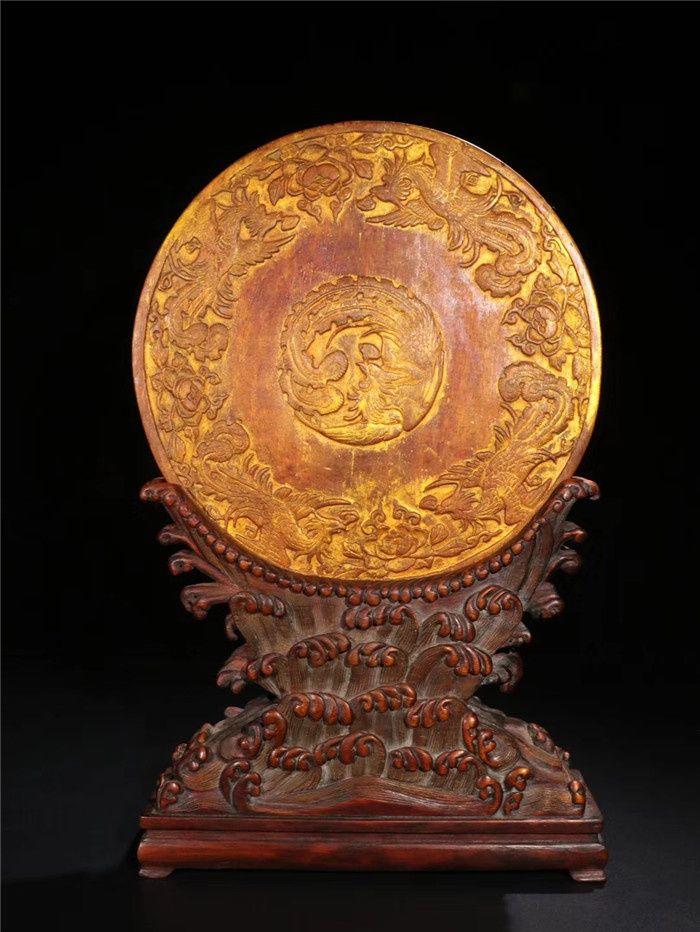 x清 老沉香龙凤纹圆形屏风一对