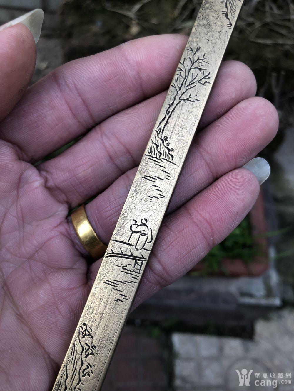 广盛祥绸缎庄款雕刻山水人物精刻度铜尺,民俗杂项铜杂件老物件