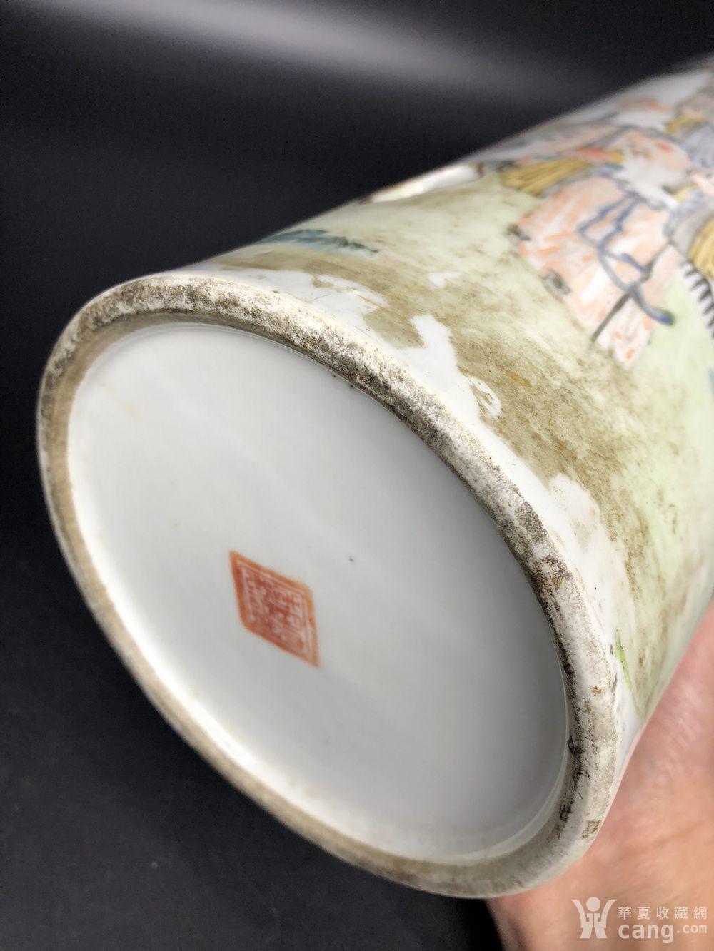 晚清同治大名家朱少泉浅绛彩人物五老图开窗帽筒一对