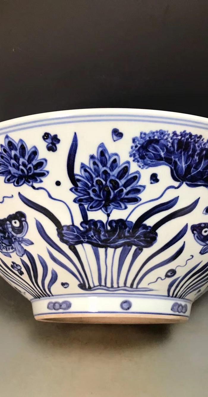 宣德青花鱼藻纹斗笠碗