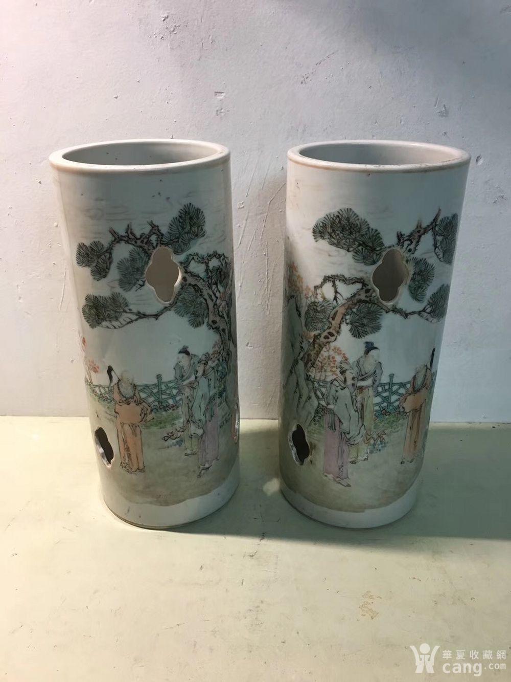 清代高心田作浅降彩人物纹帽筒一对