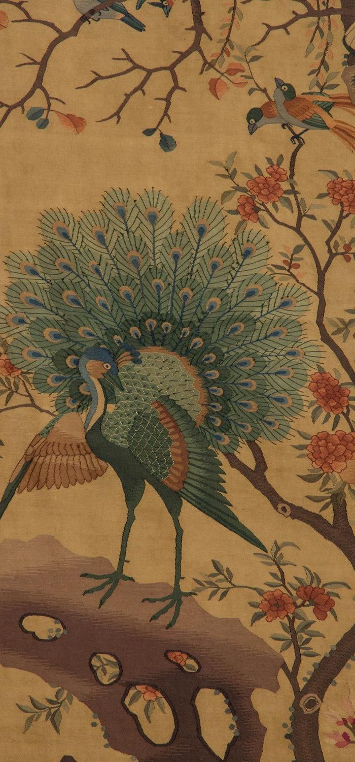 清代 黄地百鸟朝凤图缂丝挂帐