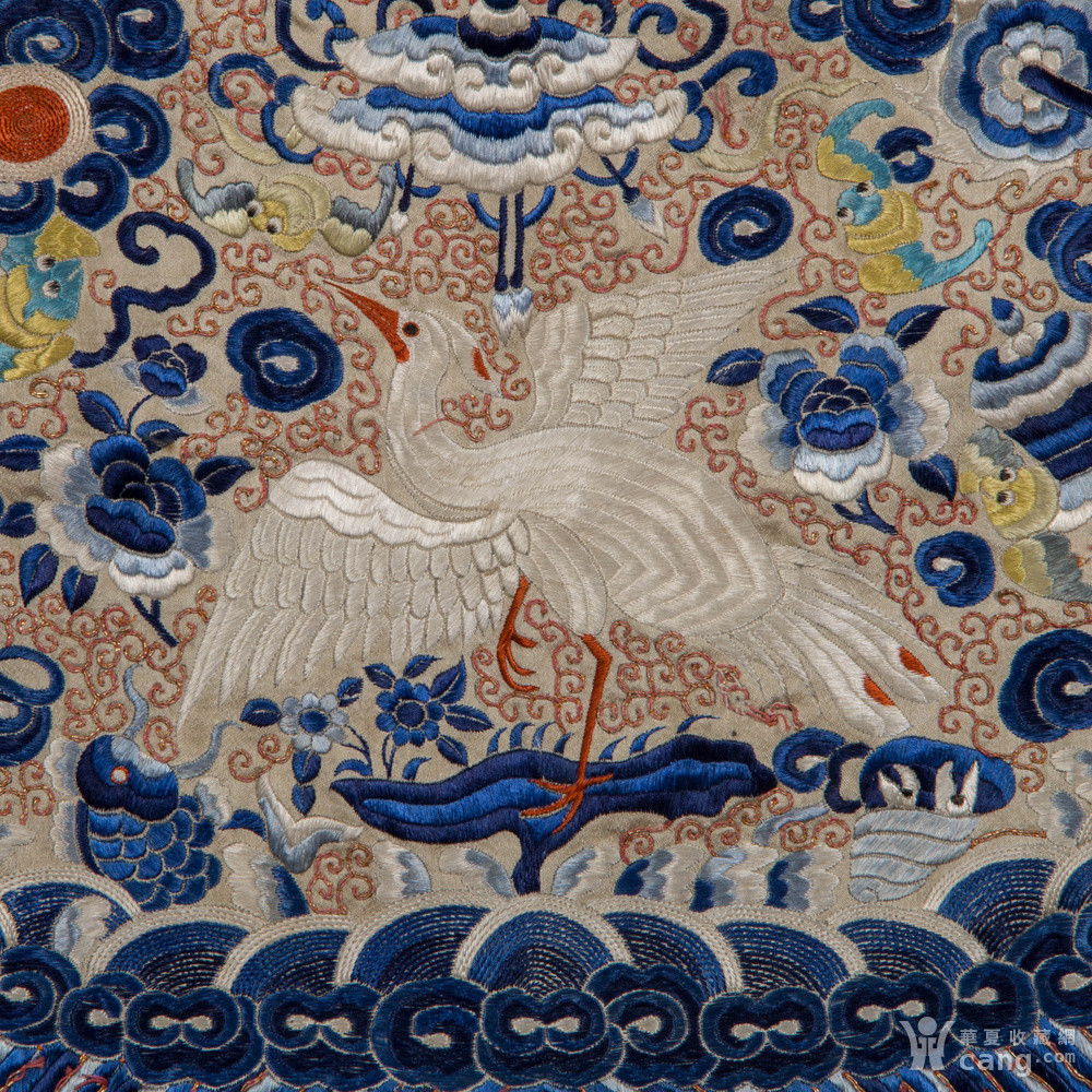 清代平金绣白鹤补子一对