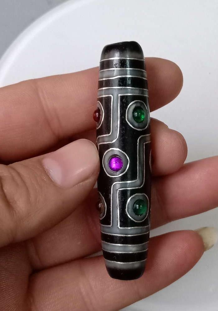 藏传嵌银丝镶宝石九眼老天珠吊坠挂件