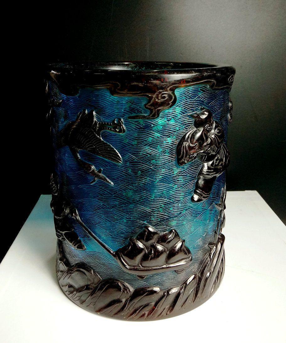 清代乾隆年制款 戏婴献寿双色套料老琉璃料器笔筒 c9068