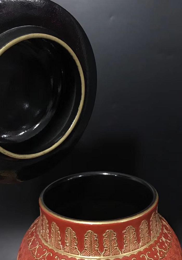 清乾隆仿漆器珊瑚红雕刻福寿盖罐yh 尺寸如图