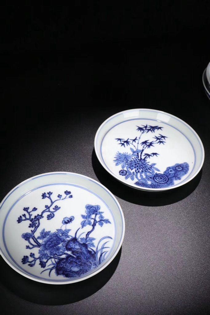 海外回流: 官窑 清雍正青花 梅兰竹菊 茶盘一套