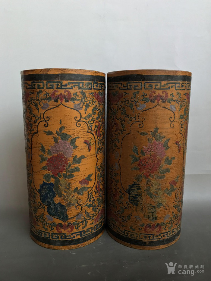 漆器慎德堂题诗花卉插筒一对