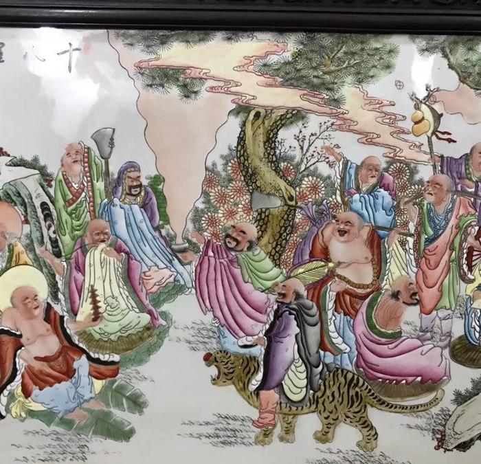 粉彩十八罗汉瓷板画