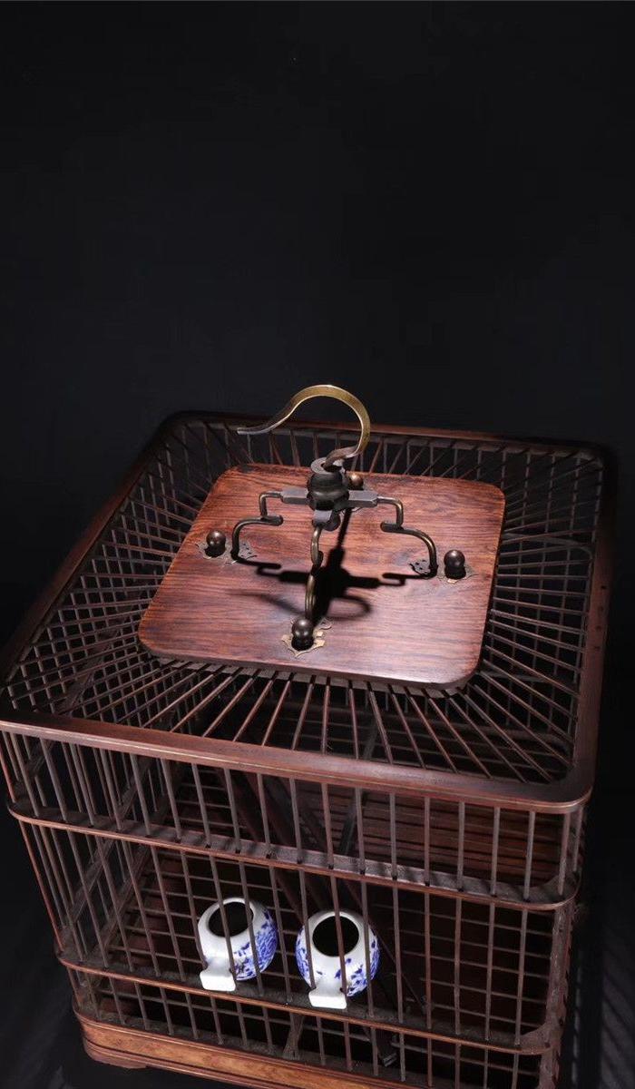 海外回流: 黄花梨掐铜丝四方鸟笼