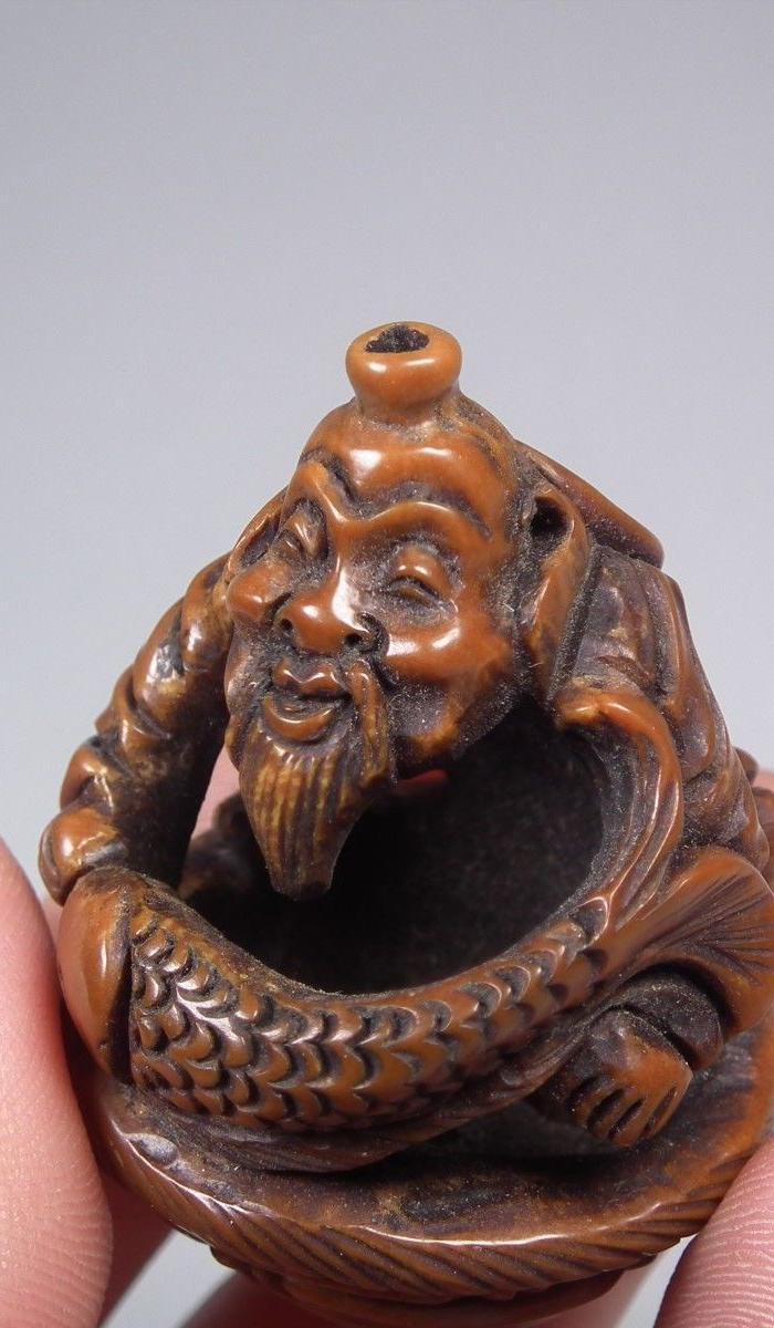 核雕镂空老者捕鱼竹篓大把坠