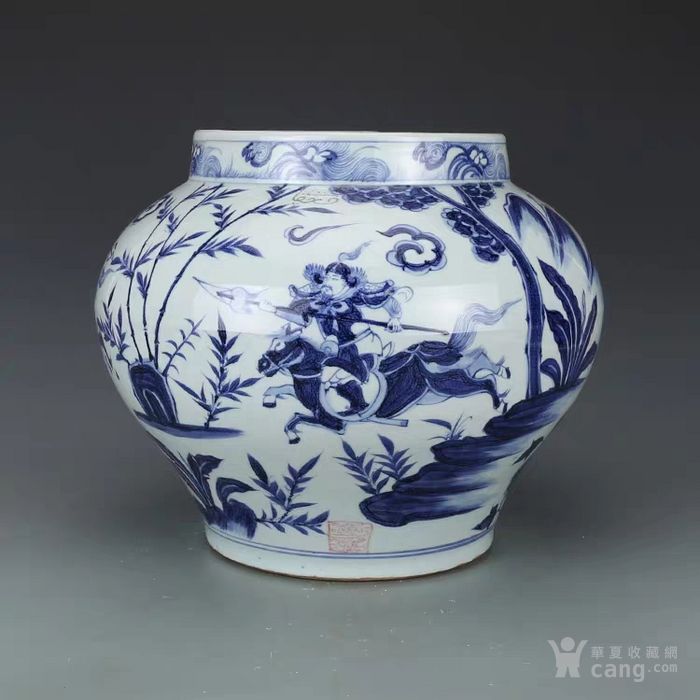 元青花尉迟恭单骑救主大罐